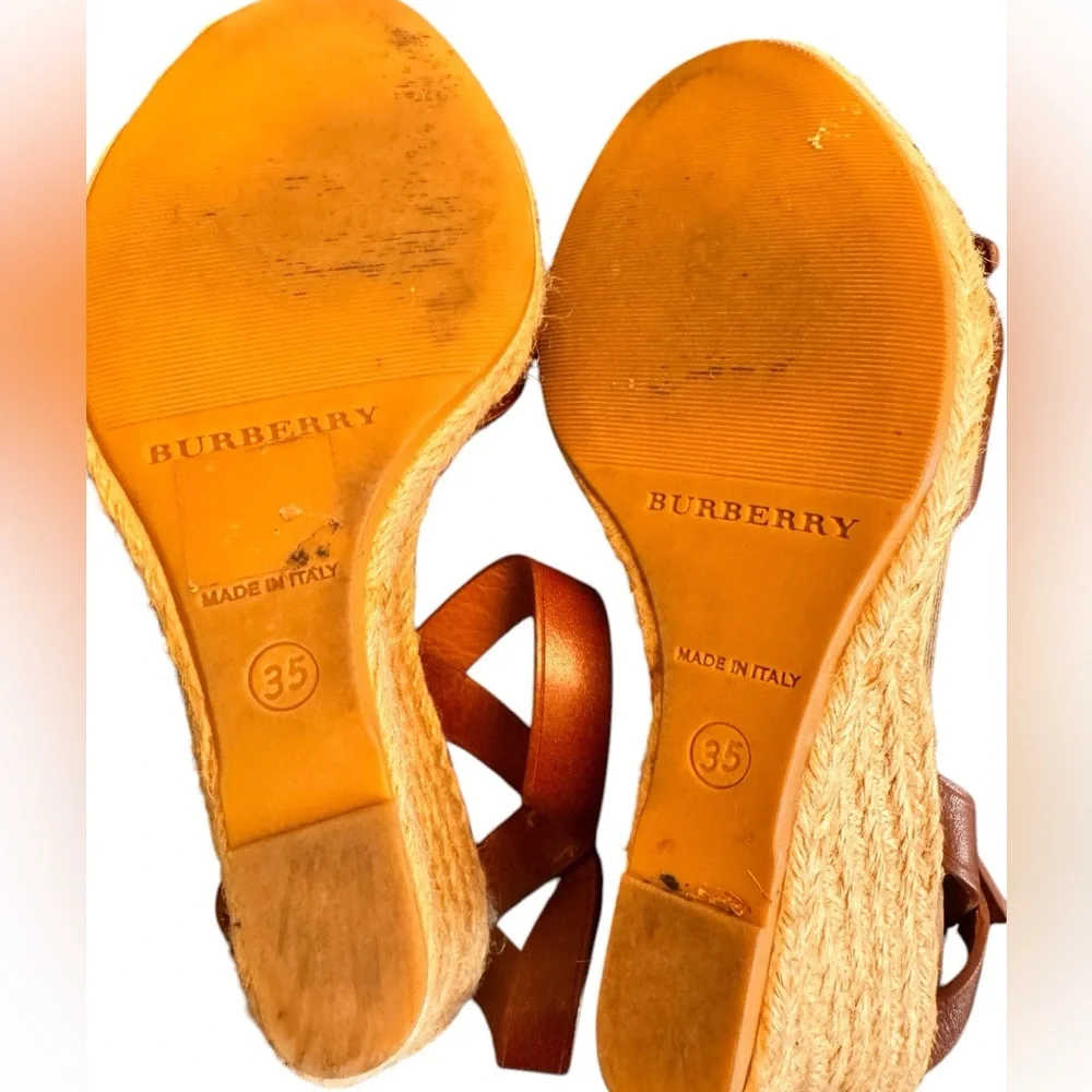 Burberry Tan Leather Check Canvas Espadrille Wedge Sandals Italy Size 35 in GUC